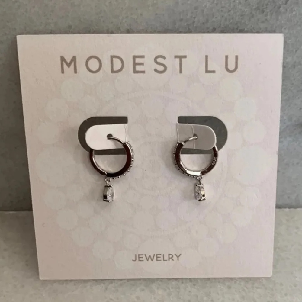 Silver Crystal Tear Drop Huggie Hoop Earrings - Picture 1 of 3